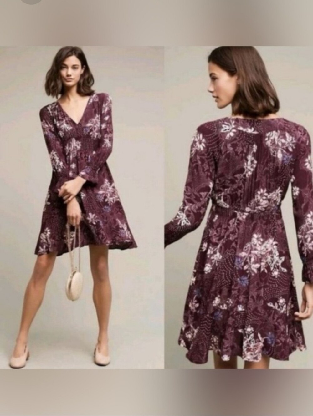 Anthopologie Maeve Purple Floral V-neck Long-sleeve Ruffle-Sharkbite-hem XL